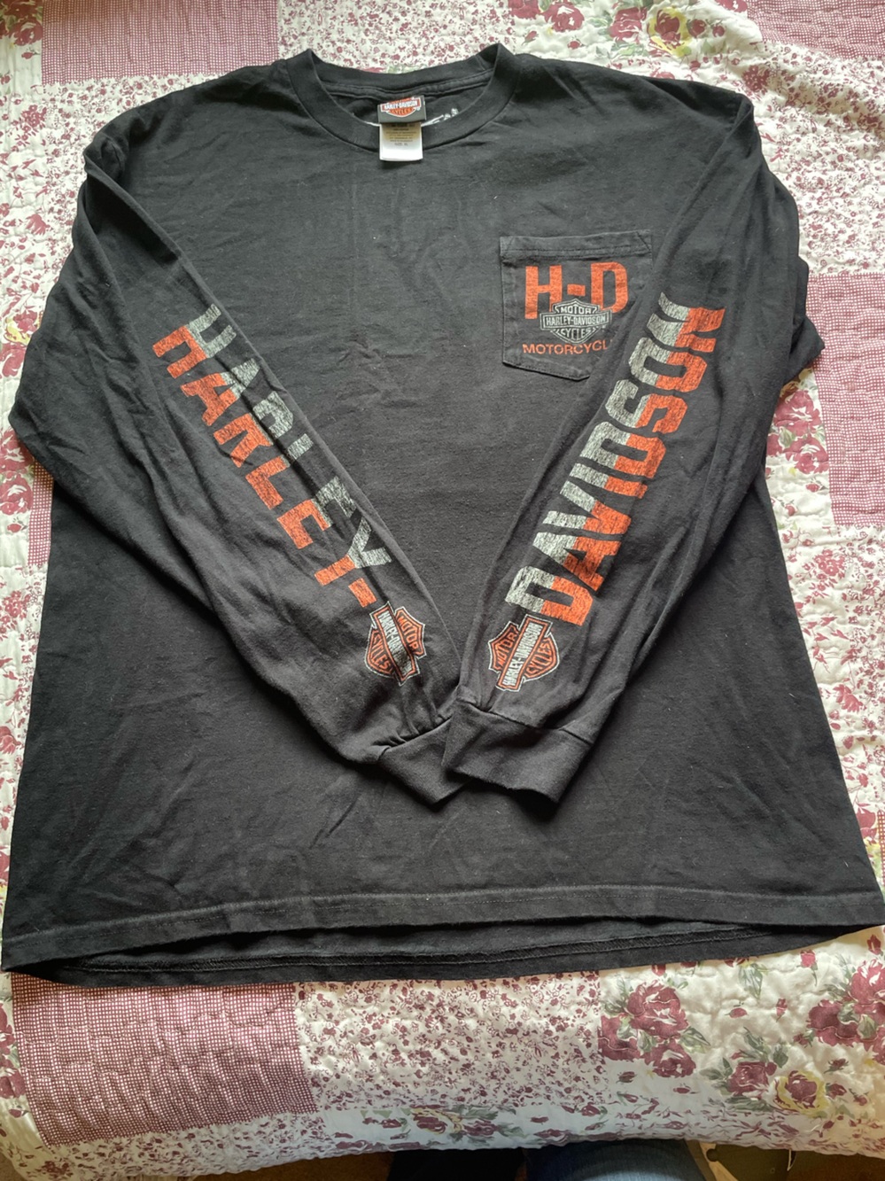 Harley-Davidson Black Long Sleeve Tee with Orange & Gray Sleeve Logos
